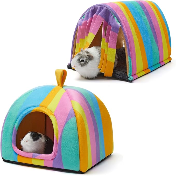 Guinea Pig Hideout Soft Large Bed Tunnel with Door Curtain 2 Pack Guinea Pig Toys Set Bunny Bed Cage Accessories for Small Animals (Rainbow)