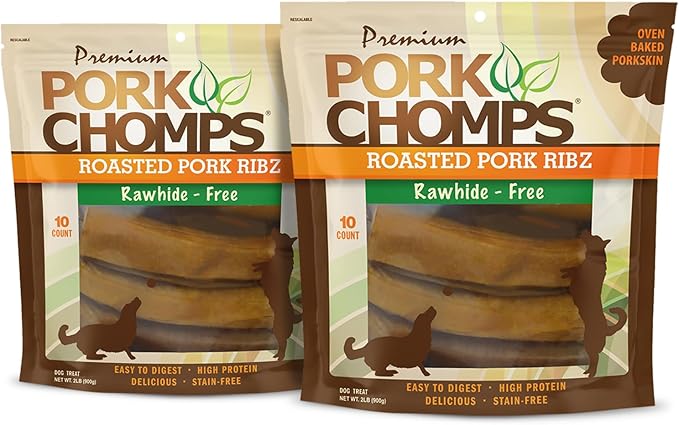 Pork Chomps Roasted Pork Skin Dog Chews, 6 Inch Rib Shapes, 10 Count, Pack of 2 - Long-Lasting Treats for Dogs - High Protein, Rawhide-Free, Low Fat, Healthy & Delicious Chews