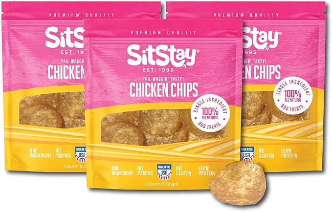 sitstay Chicken Chips Dog Treats - Travel Packs, Single Ingredient Dog Treat, Chicken Chips for Dogs for Training, Rewards and Sensitive Stomachs - Made in USA - 3 Bags - 5 Chips Each