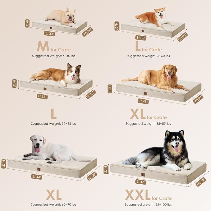 EHEYCIGA Orthopedic Dog Bed Waterproof 35"x23", Memory Foam Pet Bed for Larged Size Dogs, Washable Pet Mat with Removable Cover, Beige
