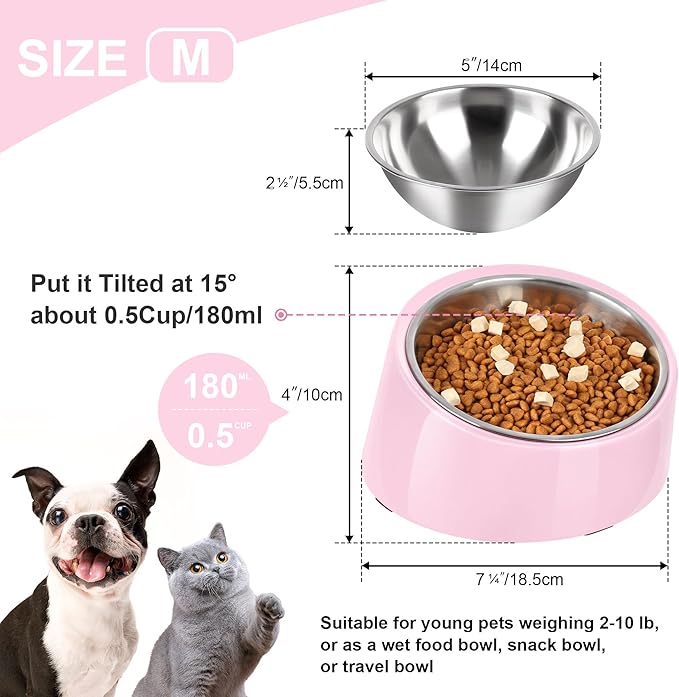 Tilted Dog Bowl Non-Slip & Non-Spill Pet Feeder with Elevated Detachable Melamine Stand, Easy to Get Food Dog Dish, M/180ml Pink