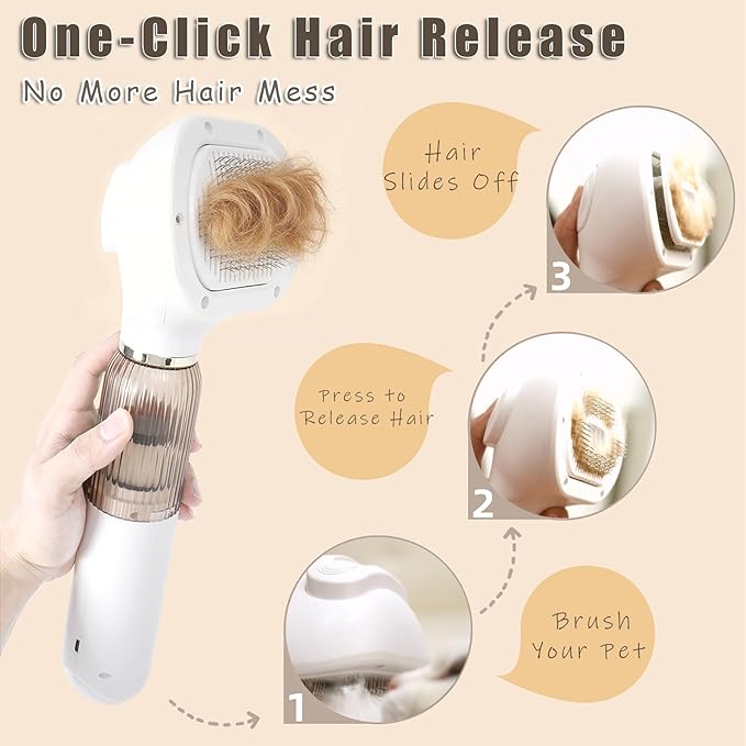 Vacuum Grooming Brush for Dog,4-In-1 Slicker Brush Kit for Shedding, Undercoat Deshedding Tool,Loose Hair Remover for Dog & Cat, Portable Pet Grooming Vacuum (white)