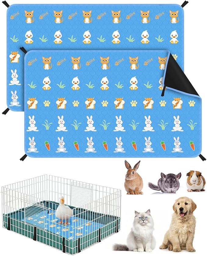 Bissap 2 Packs Guinea Pig Cage Liners, 24''X36'' Washable Guinea Pig Pee Pads Non Slip Reusable Fast and Super Absorbent Bedding for Small Animals Rabbit Hamster Chinchillas Rat - Blue