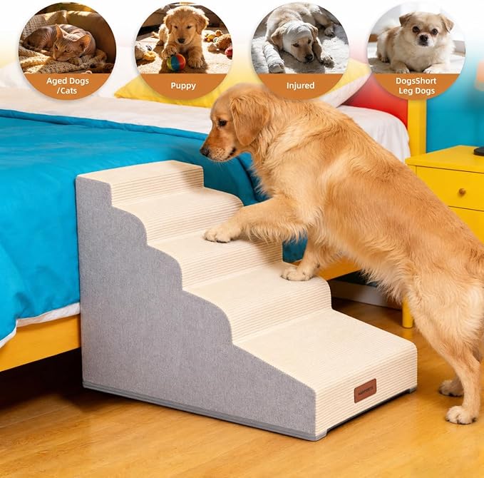 Dog Stairs for Small Dogs and Cats, 22.6" H, 5-Step Curved Pet Ramp for High Bed, Non-Slip Medium Pet Steps with High Density Foam, Beige