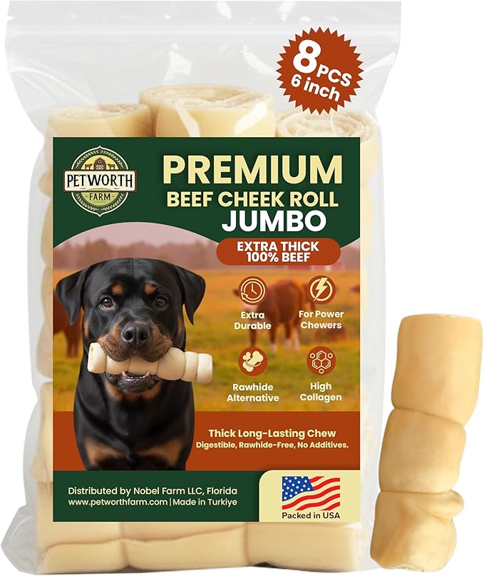 8 Pack 6 Inch Beef Cheek Rolls Extra Thick for Dogs – Digestible Rawhide Alternative Chews, Long Lasting Dental Treats, Single Ingredient Natural Dog Chews for Medium to Large Dogs