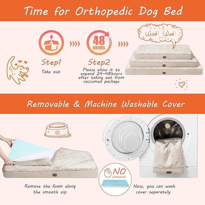 EHEYCIGA Waterproof Dog Bed Memory Foam 36x27, Orthopedic Dog Beds Mat for Large Dogs with Removable Cover, Beige