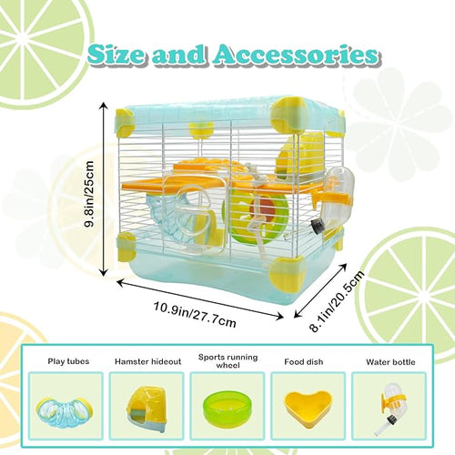 2 Layers Hamster Cage with Tubes Mouse Cage with Accessories Water Bottle Food Dish Transparent Hamster Habitat with Exercise Wheel for Hamster Guinea Pig Gerbil (10.9" x 8.1" x 9.8" Blue)