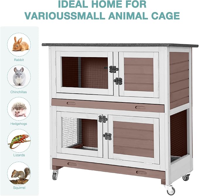 Suumerpety 2-Tier Wooden Rabbit Hutch Indoor Bunny House Guinea Pig Cage with Sliding Plastic Trays Wheels for Easy Cleaning Ventilation Design and Mobility, 36 Inch Small Animal Home (Brown, M)