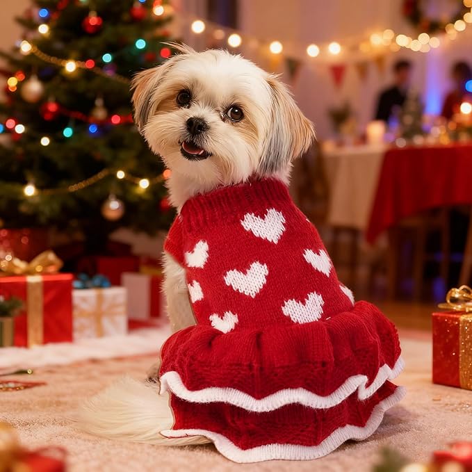 Dog Sweaters Heart Knitted Sweaters Dress Winter Coat Puppy Warm Holiday Clothes for Small Dogs Cats Christmas New Year Valentine's Day (Red, X-Large)