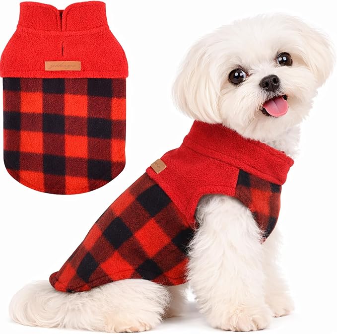 DaFuEn Dog Sweater, Dog Fleece Vest Winter Coat for Boy Girl, Pet Clothes Pullover, Soft Stretchy Puppy Sweater, Yorkie Teacup Chihuahua Jacket (Red Plaid, XS)