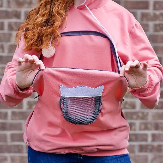 ALYC Unisex Hoodies Pet Holder Cat Dog Large Pouch Carriers Pullover with Cat Printing Sweatshirt (Light pink-3XL)