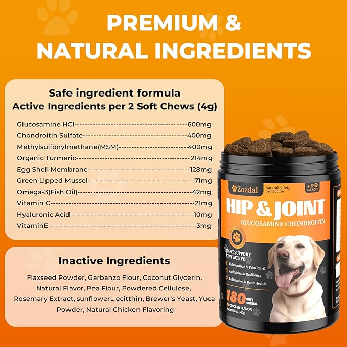 Dog Hip & Joint Supplement, 180 Chicken Chews - Glucosamine Chondroitin MSM Turmeric for Large Breed & Senior Dogs