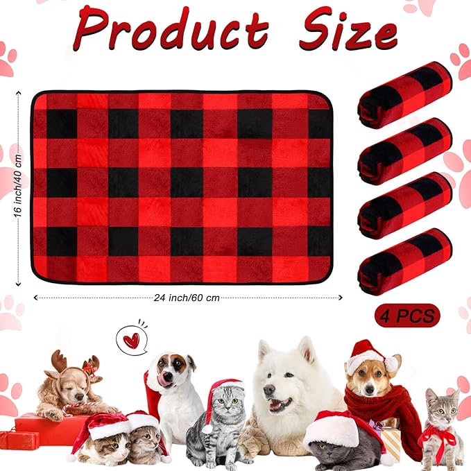 Reginary 4 Pcs Waterproof Guinea Pig Blankets Washable Small Animal Fleece Bedding Guinea Pig Cage Liners Reusable Training Pads Pet Pee Pad Sleep Mat for Hamster(Plaid,24 x 16 Inch)