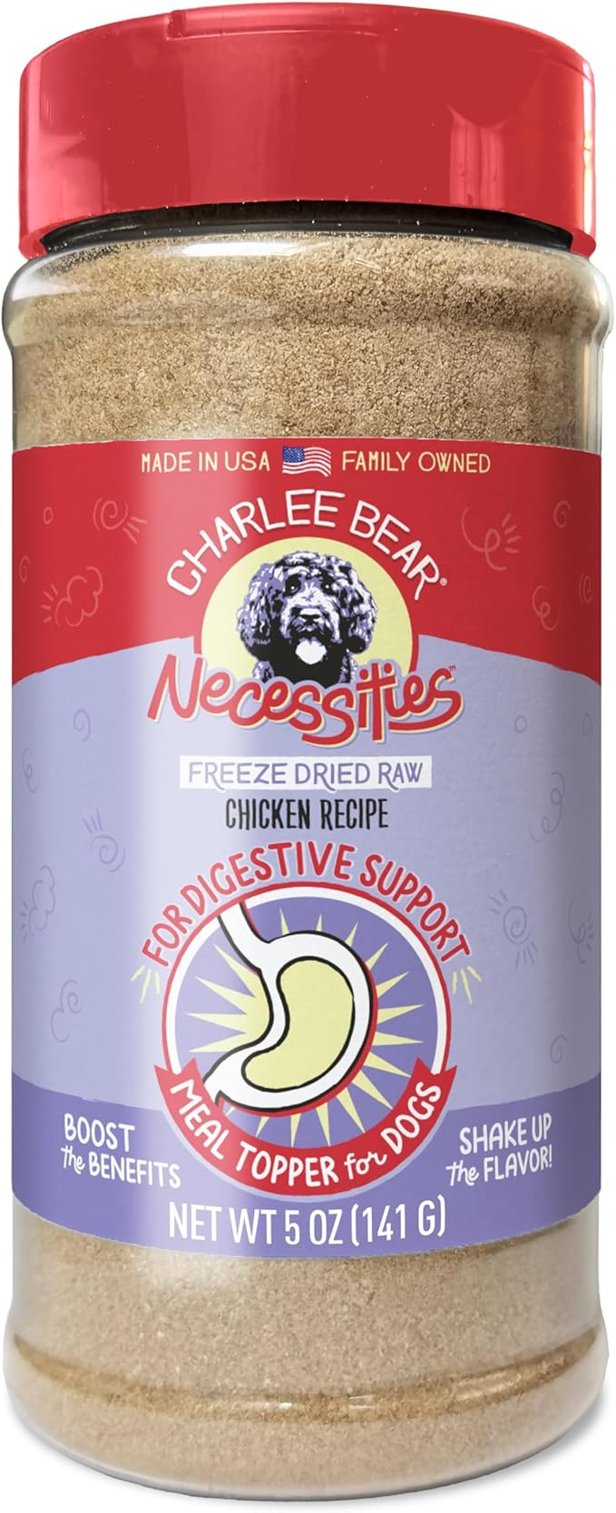 Charlee Bear Necessities Freeze Dried Dog Food Topper, Digestive Health Support, Grain Free, High Protein, Limited Ingredient Meal Toppers for Dogs, Chicken Recipe, 5 Ounce