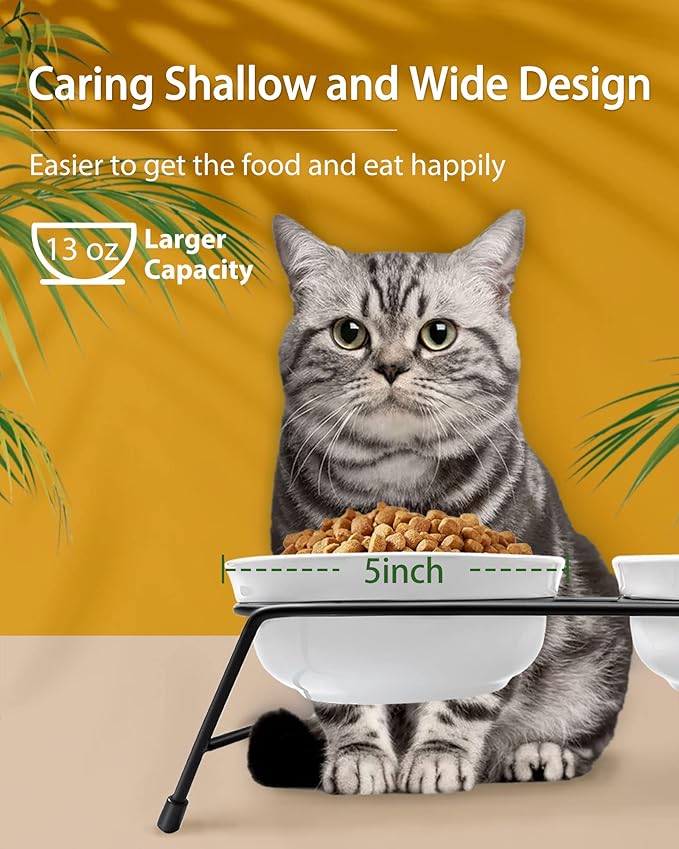 Anti-Vomiting Raised Cat Bowls - 3 × 13 oz Ceramic Food & Water Bowls with Non-Slip Stainless Steel Stand, Dishwasher Safe for Indoor Cats & Puppy