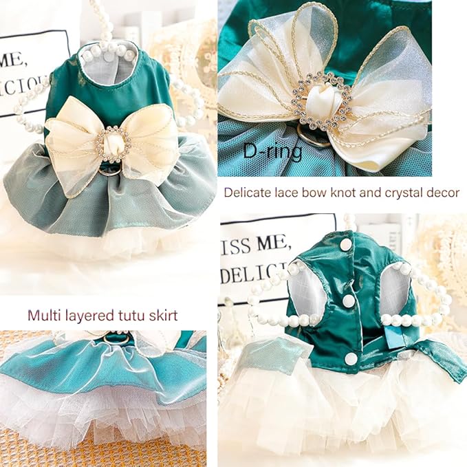 ANIAC Retro Dog Tulle Dress with Leash Ring Spring Summer Girl Puppy Clothes for Small Dog Cat Apparel Formal Pet Prom Dress for Christmas Wedding Birthday Valentines (Green, X-Small)