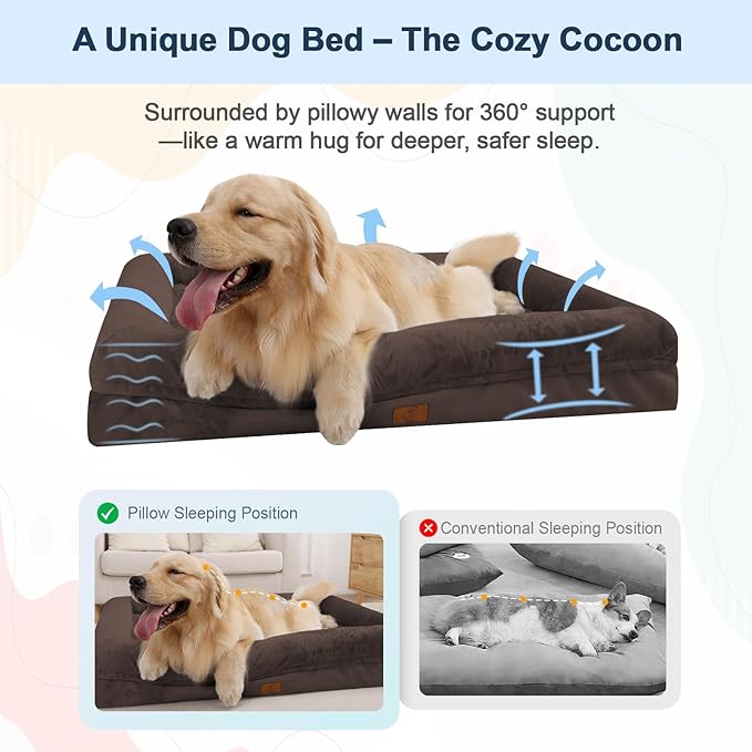 Orthopedic Dog Beds for Large Dogs, Washable Dog Bed with 4-Sides Removable Bolster, Waterproof Pet Bed with Removable Cover and Non-Slip Bottom, Brown