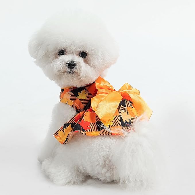 PUPTECK Plaid Dog Dress Pet Apparel for Autumn with Cute Bowtie Puppy Clothes Outfit, Maple Leaf, XS