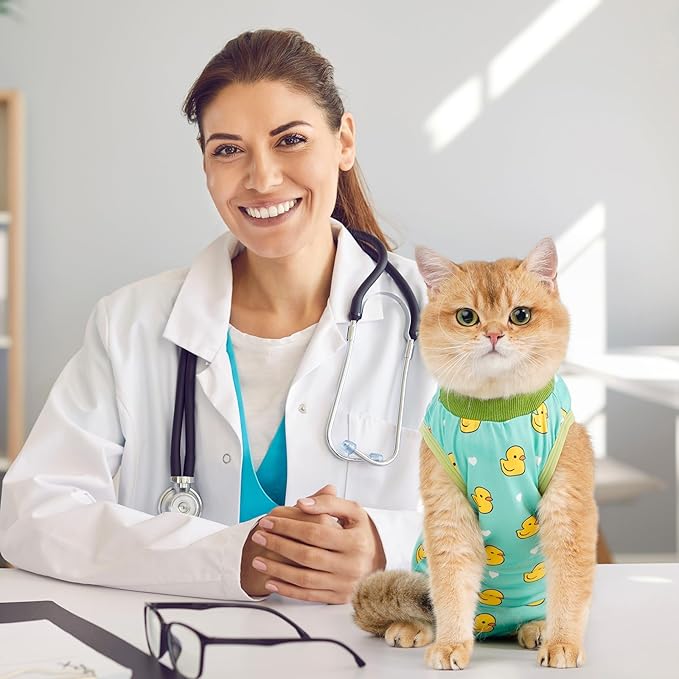 Avont Cat Recovery Suit - Kitten Onesie for Cats After Surgery, Cone of Shame Alternative Surgical Spay Suit for Female Cat, Post-Surgery or Skin Diseases Protection -Duck(M+)