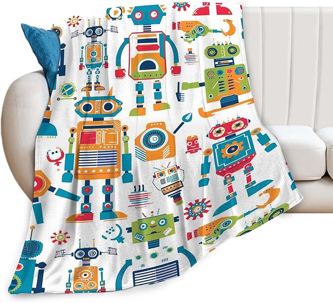 Robot Throw Blanket Cartoon Robot Machine Gifts for Kids Teens Girls Boys Adults Soft Cozy Warm Plush Fluffy Fuzzy Fleece Blanket Birthday Festival Decor 50''X60''