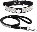 Cute Dazzling Sparkling Elegant Fancy Soft Suede Leather Bling Rhinestone Crystal Jeweled Pet Cat Dog Puppy Collar Dog Leash Combo Set (XS, Black-5)