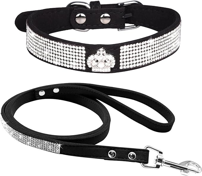 Cute Dazzling Sparkling Elegant Fancy Soft Suede Leather Bling Rhinestone Crystal Jeweled Pet Cat Dog Puppy Collar Dog Leash Combo Set (S, Black-5)