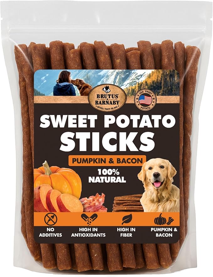 BRUTUS & BARNABY USA Sweet Potato Dog Treats - Grain Free, Pumpkin Bacon Crunchy Sticks - Great Tasting, Promotes Positive Dog Gut Health with Natural Anti-Diarrhea Properties, No Preservatives Added