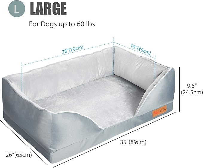 Fida Orthopedic Dog Bed with Memory Foam Base - Dog Lounge Sofa with Removable Washable Cover, Pets Couch Beds for Small Dogs & Cats (Large, Grey)