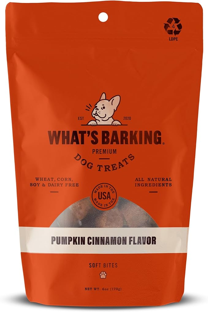 What's Barking Soft Bites, Soft Chewy Dog Treats for Training or Snacking, Pet Essentials, Bite Size Pieces for Dogs, Natural Ingredients, Made in USA, Resealable Bag (Pack of 1, Pumpkin Cinnamon)