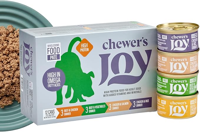 Chewer's Joy Wet Dog Food Small Breed Variety Pack – High-Protein, Natural Pate Canned Food for Adult Dogs - 4 Premium Flavors with Beef, Chicken, Salmon, Rice, Beef & Vegetables - 3oz (Pack of 12)