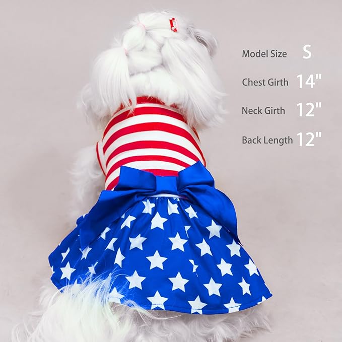 PUPTECK Print Dog Dress Pet Apparel for 4th of July with Cute Bowtie Puppy Clothes Outfit, Flag, XS