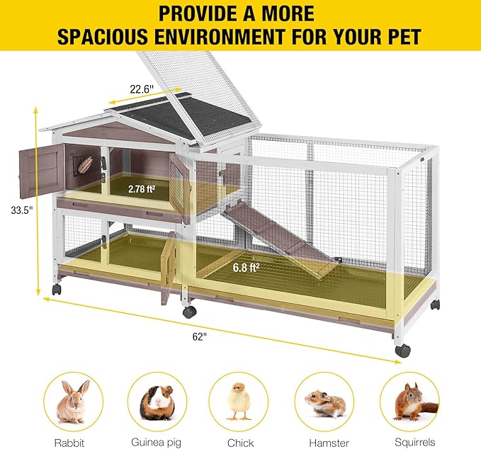Aivituvin Rabbit Hutch 62" Rabbit Cage Indoor Outdoor Guinea Pig Cage on Wheels Bunny Cage with 3 Deep No Leakage Pull Out Tray,Waterproof Roof (Brown)