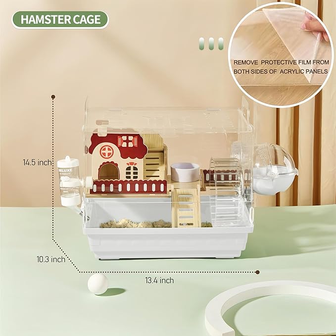 8 in 1 Clear Acrylic Hamster Cage with All Accessories,13.5''L* 10''W* 13''H Dwarf Hamster Cage,Small Hamster Habitat,Garden Style Mouse Cage for Pet Mice,Hamster Enclosure with Stairs(1-Layer,White)