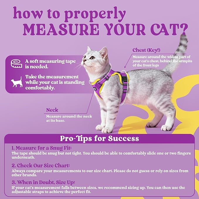 rabbitgoo Cat Harness and Leash for Walking, Escape Proof Soft Adjustable Vest Harnesses for Cats, Easy Control Breathable Reflective Strips Jacket, Purple&Yellow,XXS
