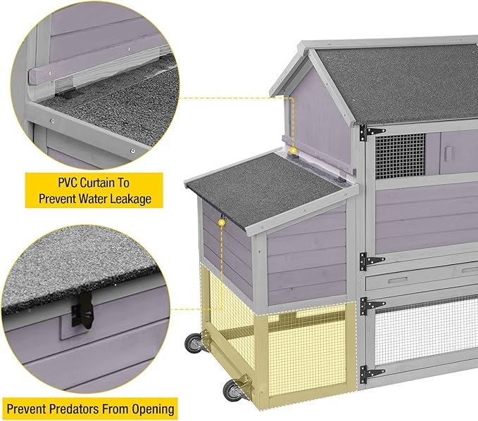 Aivituvin Chicken Coop Outdoor Hen House Wooden Poultry Cage with Wheels,UV Panel,Nest Box, Expandable Coop (Grey, AIR27)