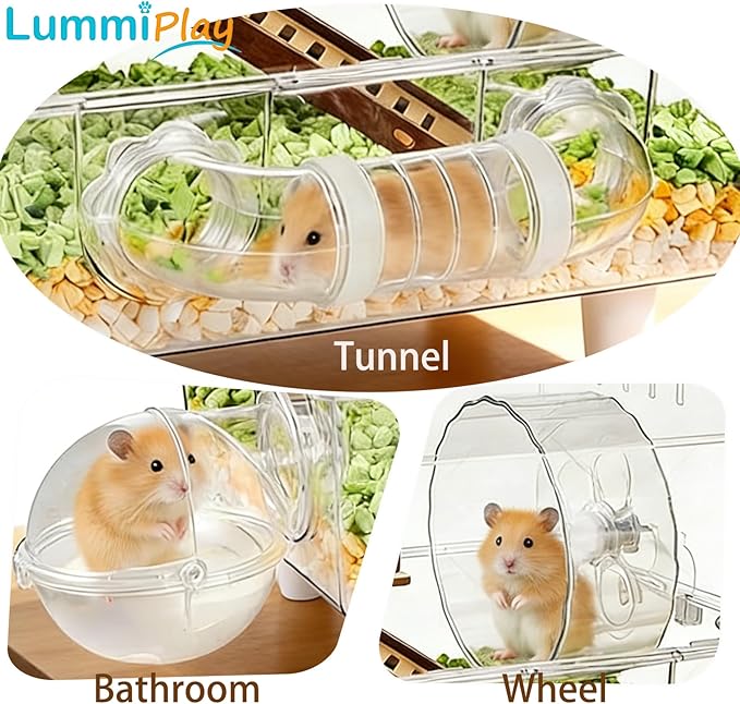 Acrylic Hamster Cage,8 in 1 Clear Transparent Habitat with All Accessories, Multi-Level Small Animal Enclosure with 2-Layer Platform、Hideout、Exercise Wheel、Bath、Bowl and Wheel、Bottle（17 * 13.4 * 11“）