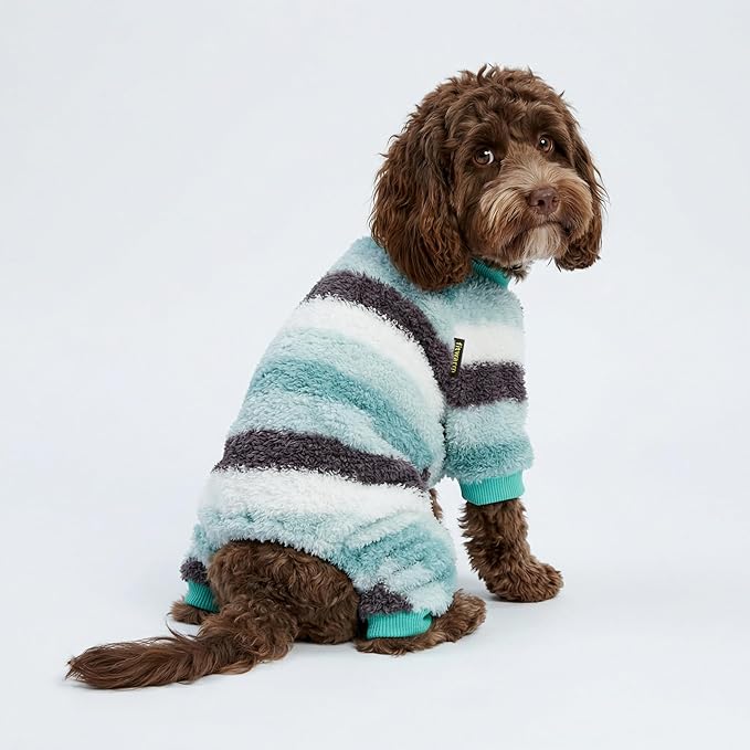 Fitwarm Fuzzy Striped Dog Fleece Pajamas, Warm Winter Clothes for Small Dogs Boy Girl, Cozy Pet Onesie with Feet, Light Sea Green, Black, White, Medium