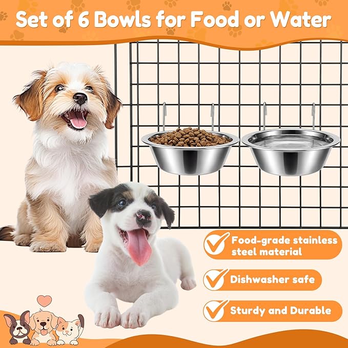 6 Pack Hanging Dog Kennel Bowls, No Spill Crate Water Bowl Food Feeder for Cage Removable Coop Cup with Hook Holder for Puppy Small Cat Ferret Rabbit Stainless Steel Dogs Dish 10 & 20oz