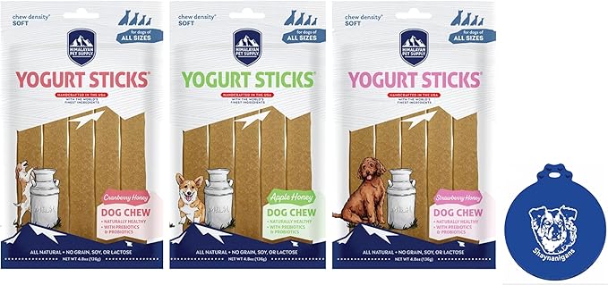 Himalayan Pet Supply Yogurt Sticks Dog Treats in 3 Flavors with Honey: 1 Strawberry, 1 Cranberry & 1 Apple Flavor (3 Bags Total, 5 Sticks/Bag, 4.8 Oz Bags) Plus Shaynanigans Lid
