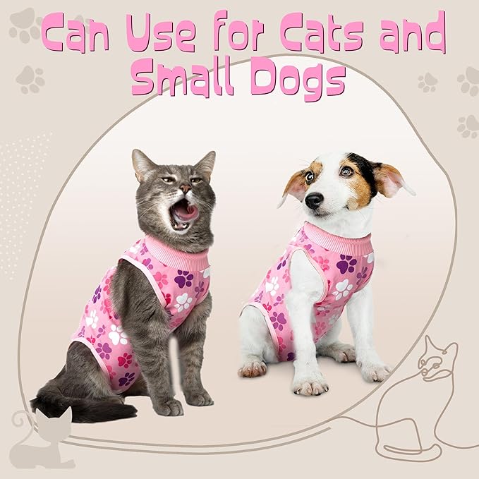 Cat Recovery Suit – Soft Breathable Cat Onesie for Female & Male Cats After Surgery, Spay, Neuter or Wounds, Cat Surgery Suit, Recovery Suit for Cats, Cone Alternative, Pink Paw Print
