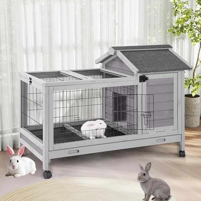 GUTINNEEN Rabbit Hutch Indoor with Wire Fence Rabbit Cage with Run Leakproof Pull Out Tray Outdoor Bunny Cage, Guinea Pig Cage Grey
