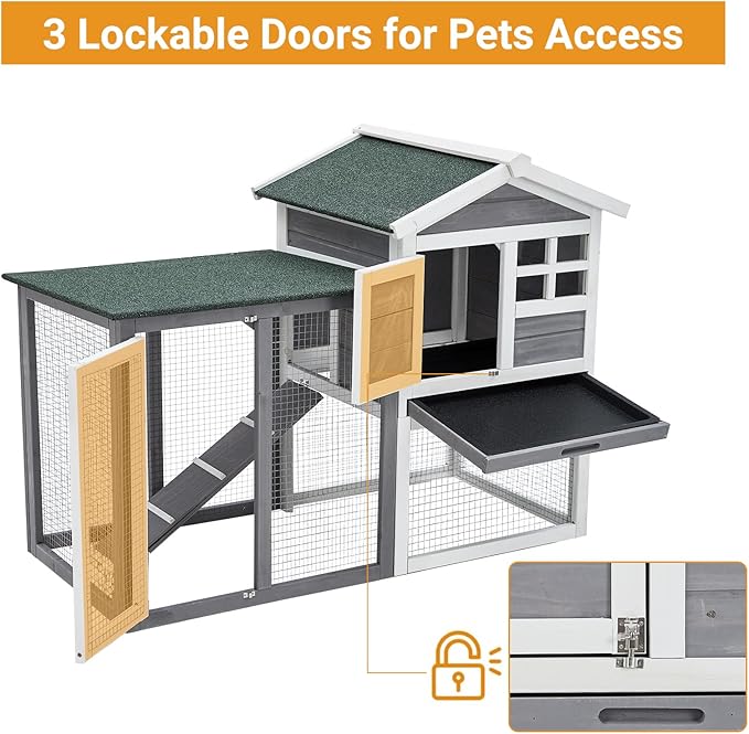 Garvee 48'' Bunny Hutch Indoor with 1 Leak-Proof Trays, Waterproof Roof Rabbit Hutch Indoor/Outdoor, 2-Tier Wooden Bunny House, Gray and White