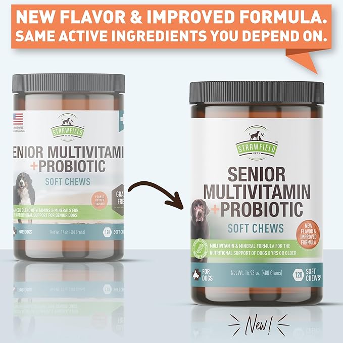 Strawfield Pets Senior Multivitamin + Probiotics for Dogs with Milk Thistle Joint Support Supplement for Dogs Bacon Flavor 120 Soft Chews