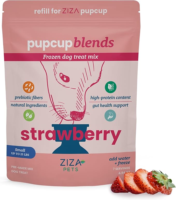 ZIZA PUPCUP Blends - Frozen Dog Treats Mix, Dog Ice Cream, Natural Ingredients, High-Protein, Pre-Made Ice Cream Mix, Refill for ZIZA PUPCUP, Real Fruit Pieces, 7 Servings for Small Dogs, Strawberry