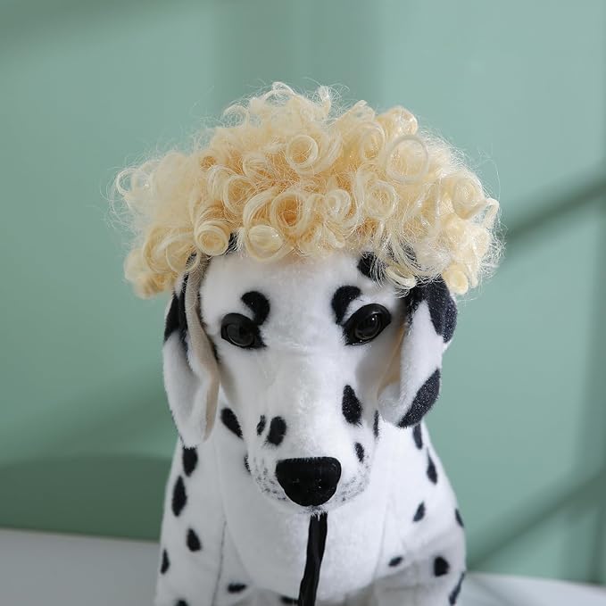 Funny Dog Cat Cosplay Wig, Headwear Apparel, Pet Costumes, Cat Dress up for Halloween, Christmas, Parties, Festivals, Dog Wigs for Small Medium and Large Dogs (Blonde Short Curly Hair)