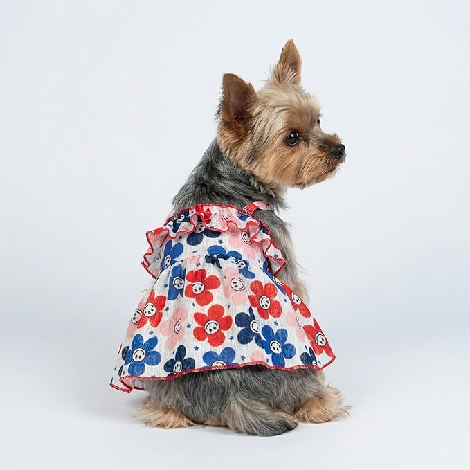 Fitwarm Patriotic Floral Smiley Face Dog Dress, 4th of July Outfit for Small Dogs Girl, Festive Pet Clothes, Red, White, Blue, Pink, Small