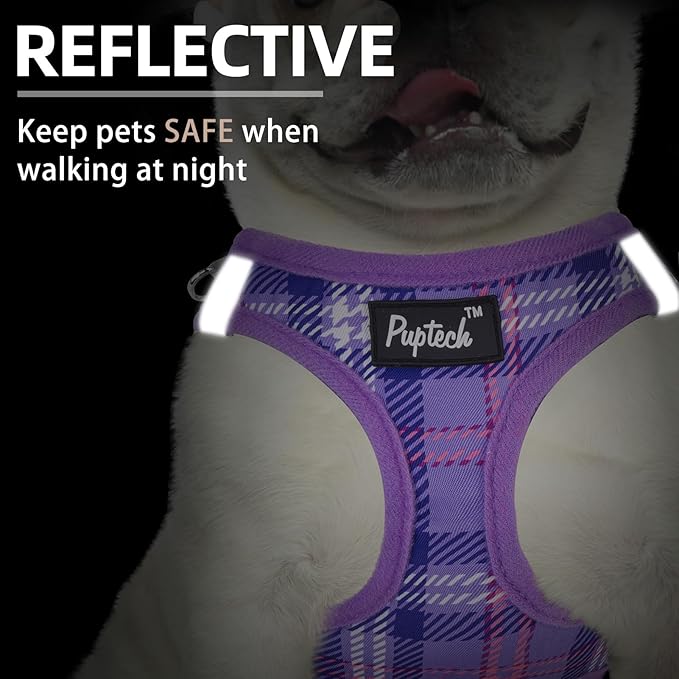 PUPTECK Dog Harness and Leash Set for Small Medium Dogs No Pull Step-in Soft Mesh Puppy Cat Vest Harnesses Reflective at Night, Plaid Pattern Purple XS