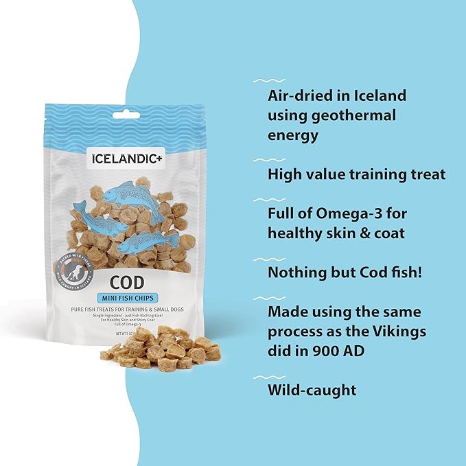 Icelandic+ Mini Fish Chips: Cod - 2.5oz Bag,Dog Treats,Wild-Caught & Air-Dried,Ingredient Crunchy Pet Snacks,Just The Fish Nothing Else,(Pack of 2)