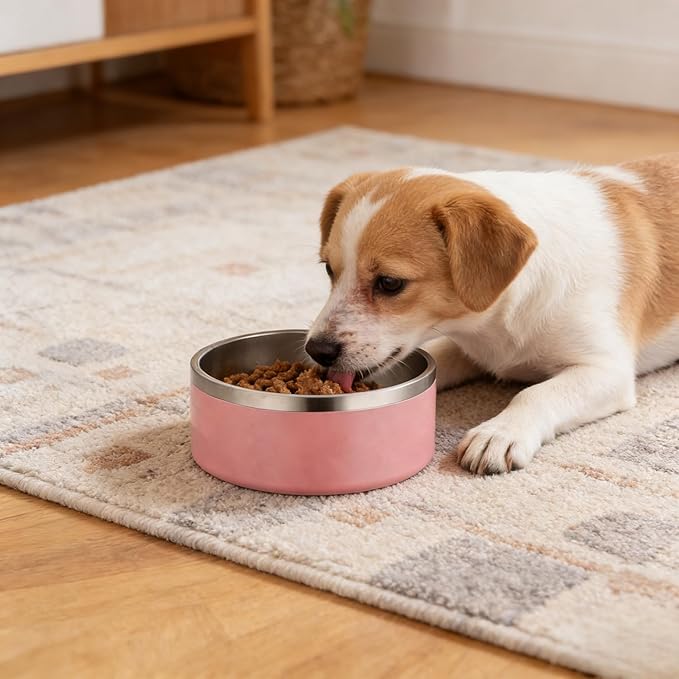 Large 42oz Stainless Steel Dog Bowl, Pink – Premium Metal Pet Water & Food Bowl, Non-Slip Base, Dishwasher Safe, 7.2" Dia x 2.8" H for Small Medium Dogs