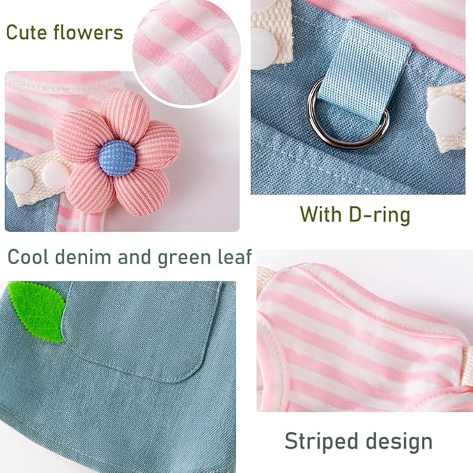 ANIAC Denim Small Puppy Dress 3D Flowers Girl Dog Clothes with D-Ring and Pocket Striped Female Cat Harness Dresses Shih Tzu Yorkies Chihuahua Outfits Summer Pet Clothing (X-Large, 3D Pink Flowers)